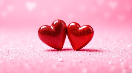 Valentine's Day Concept: Two Hearts on Pink Glitter with a Shiny Background