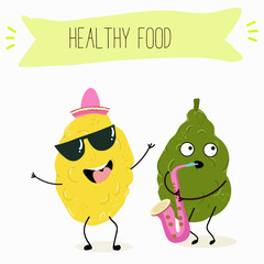 Citron fruit, funny fruit cute cheerful characters. Vector hand drawn illistration.