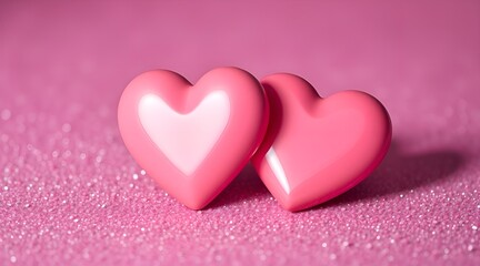 Obraz premium Valentine's Day Concept: Two Hearts on Pink Glitter with a Shiny Background
