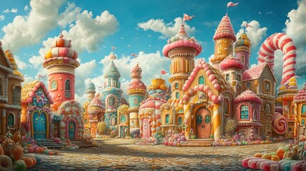Obraz premium A vibrant city made of candy and sweets, with whimsical architecture and cheerful inhabitants, a land of joy and fantasy 