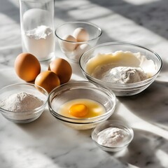 Baking Essentials: A pristine countertop bathed in soft light presents the essential ingredients for baking - eggs, flour, and baking powder - arranged in glass bowls.