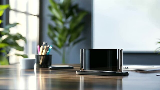 An elegant nameplate made of glass stands vacant on a round meeting table, with office supplies and a whiteboard visible in the background.