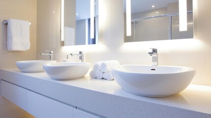 Fototapeta premium Modern white ceramic vessel sinks with chrome faucets sit on a clean vanity counter in a luxury hotel bathroom.