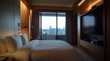 Luxurious Hotel Bedroom with City View - Modern Design and Comfort