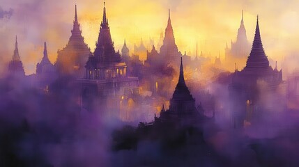 majestic watercolor rendering of ancient temple spires at twilight, soft purple and gold washes blend with architectural details, misty atmosphere