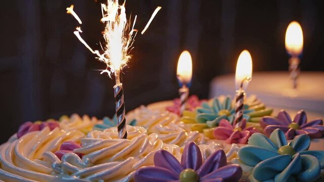 A close-up shot of a beautifully decorated birthday cake, focusing on the glowing candles and the sparkling maypole fountain. 