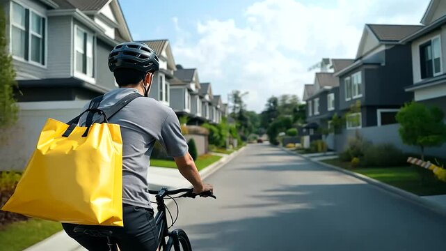 Asian delivery cyclist navigating a quiet residential street, carrying a bright yellow food delivery bag on his back, surrounded by neatly lined houses.
