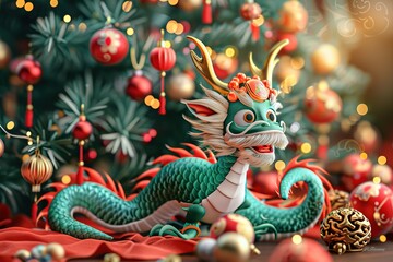 Fototapeta premium Chinese New Year of the Dragon 2024. New Year's poster with a cartoon 3d dragon on the background of a Christmas tree. Vector illustration of a dragon at the Christmas tree with toys. Generative ai