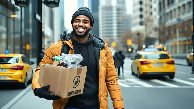Casual delivery worker walking across a busy city street toward an office building, balancing a cardboard box, coffee cup, and food bag, with a confident smile.