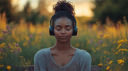 Enjoying music in a vibrant field of wildflowers during golden hour