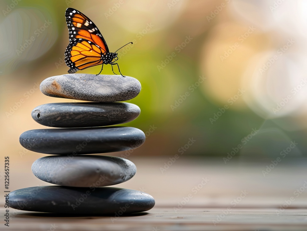 Wall mural A vibrant butterfly rests atop a carefully balanced stack of smooth stones, creating a serene and harmonious scene. balance harmony of nature