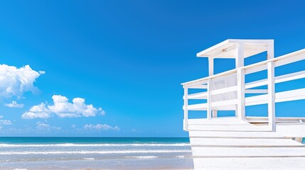 Fototapeta premium White beach lifeguard tower, sunny sky, ocean view, summer vacation