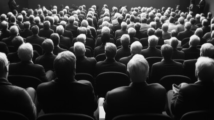 Obraz premium A large audience viewed from behind in a dark auditorium.