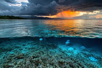 Fototapeta premium Dramatic Sunset Over Ocean With Jellyfish Below