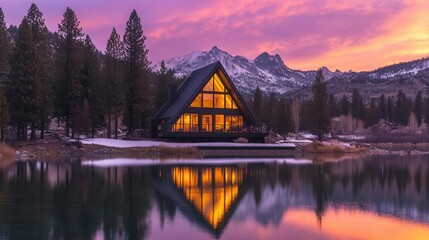 Fototapeta premium modern a-frame cabin reflecting in crystal lake waters, purple-orange sunset sky, snow-capped mountains, pine forest silhouettes