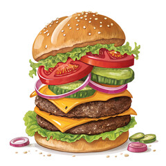 A colorful burger with layers of meat, lettuce, and tomato