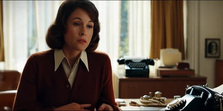 Woman in 90's dress up and hairstyle speaking moving hands in office room with retro vintage old telephones, fax machine and white curtains in window, beautiful office girl, woman, female talking boss