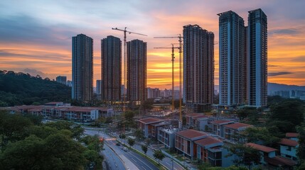Fototapeta premium Skyscrapers under construction during a vibrant sunset