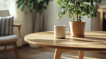 Serene Living Room with Wooden Table and Plant