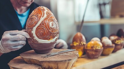 Chocolate Egg Decoration: Close-up of a skilled chocolatier's hand, adorned with white gloves, meticulously decorating a large chocolate egg with intricate white swirls.
