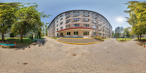 360 hdri seamless spherical panorama on street on porch near student dormitory multistory building...