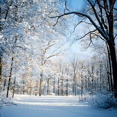 Snowy Winter Forest Landscape Sunlit Path