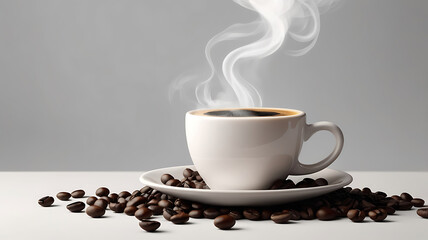 Obraz premium Close up of steaming espresso beauty cup with dark roasted beans for a rich hot coffee aesthetic on background.