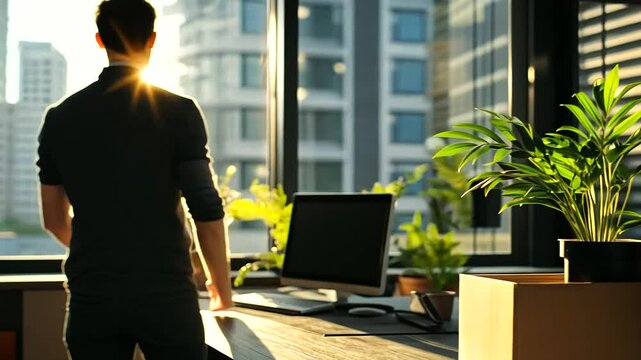Employee standing beside a cleared desk, adding a potted plant and books to a box, while sunlight illuminates the room through large windows.