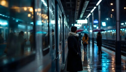Fototapeta premium Man Waiting at Rainy Night Train Station Platform