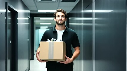 Employee stepping into an elevator, holding a cardboard box filled with personal items, with an empty workstation visible in the background.