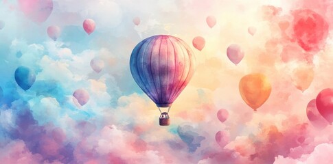 Fototapeta premium Hot Air Balloon Soaring Through Pastel Cloudscape