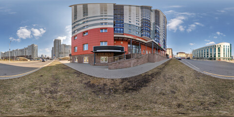 Fototapeta premium 360 hdri seamless spherical panorama on street on porch near student dormitory multistory building area or urban development in equirectangular projection, AR VR content