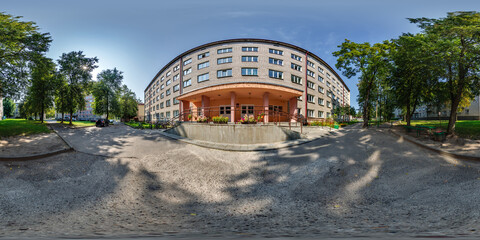 360 hdri seamless spherical panorama on street on porch near student dormitory multistory building...