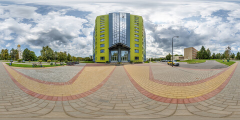 360 hdri seamless spherical panorama on street on porch near student dormitory multistory building...