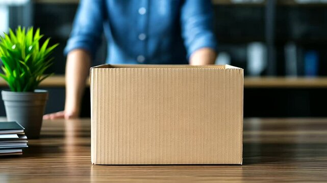 Focused worker organizing personal belongings into a box, a mix of books, a small plant, and a farewell card visible on a wooden desk.