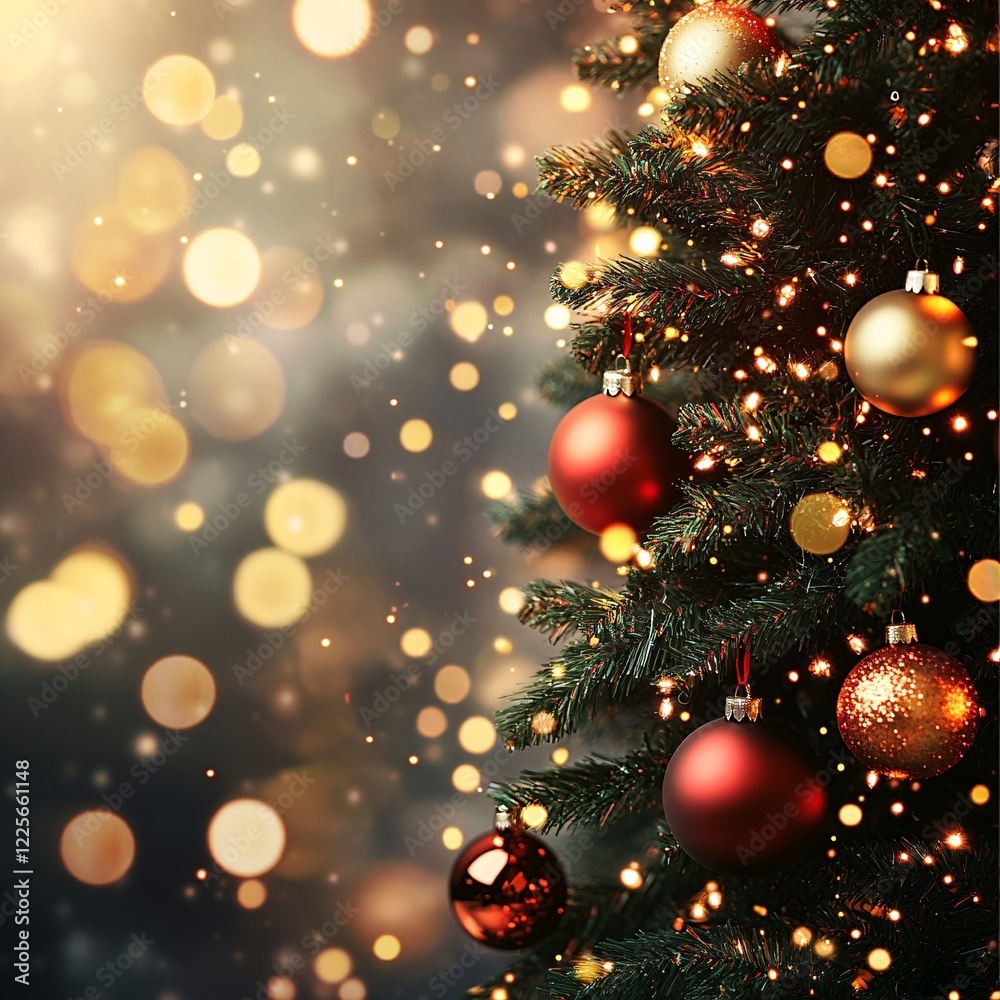 Poster christmas tree decorated with red and gold ornaments and illuminated by warm lights, creating a magi