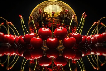 A preppy poster design combining bright red cherries with intricate reflections of a golden disco ball in a sleek, minimalistic composition.