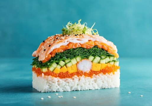 Colorful sushi cake with layers of rice, cucumber, salmon, and vegetables against blue background
