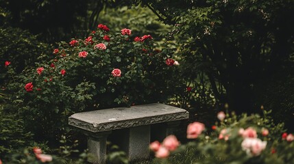 A peaceful garden with blooming roses, a stone bench, and the sound of birds singing