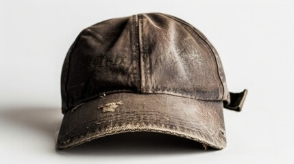 Fototapeta premium Baseball Cap With Faded Logo Resting on Simple White Surface Evokes Nostalgia and Relaxed Style