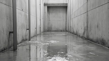 Obraz premium Flooded concrete corridor, monochrome.