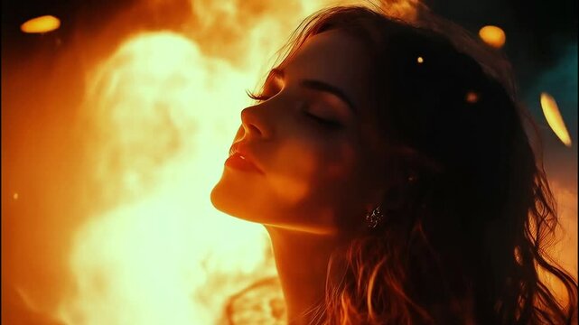 Model videography of beautiful female or girl and fire burning in background, portrait of woman in nightclub, female fire concept, supermodel video shoot with fire flames background closed eyes face