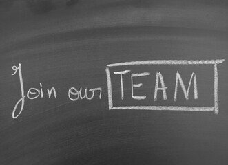Handwritten recruitment message on a blackboard reading 'Join our team' with 'team' emphasized in a rectangle for a professional call to action