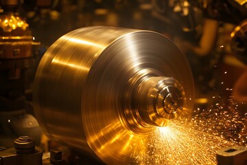 Industrial Metal Lathe Turning Sparks Gold Shiny