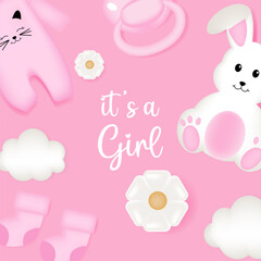 Baby shower design with bunny, sky, socks, pacifier and dress on pink background. It's a girl design.
