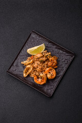 Rice with shrimps and seafood, vegetables, spices and soy sauce