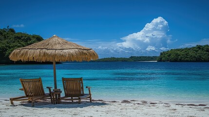 Tropical Beach Escape with Wooden Chairs and Straw Umbrella Overlooking Azure Sea