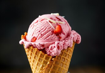 Delicious strawberry ice cream scoop in a crispy waffle cone