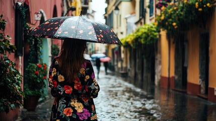 Naklejka premium A woman walks along a rainy cobblestone street, holding a vibrant floral print umbrella, reflecting the beauty of spring amid the raindrops, creating a charming and romantic atmosphere.