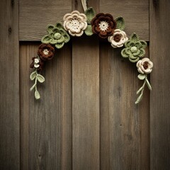 Beautifully crafted crochet flowers adorning a rustic wooden background